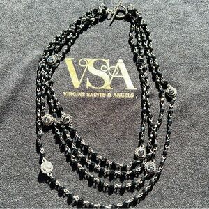 VSA Designs- gunmetal/4mm crystal jet beaded, Magdalena necklace. POUCH INCLUDED